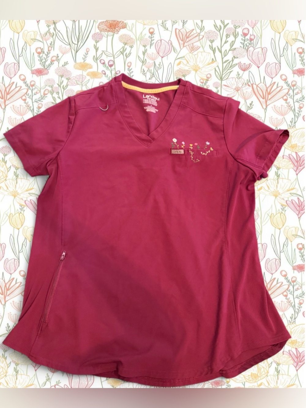 Landau Women's maroon / burgundy / wine scrub top with hand embroidered flowers!